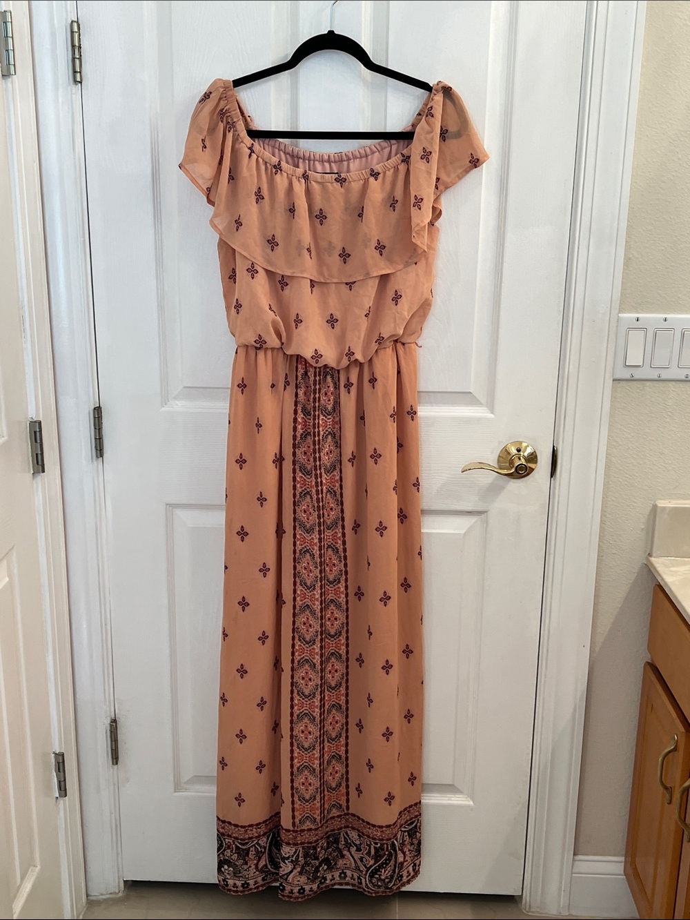 AUW Peach Printed Off-Shoulder Maxi Dress
